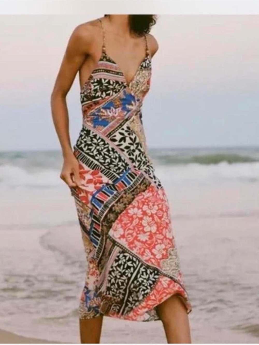 Zara Multicolor Patchwork Maxi Dress with Coral & Blue Accents